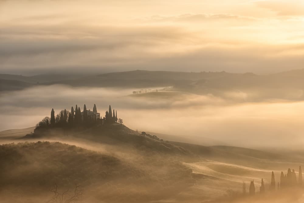 Misty Hilltop Golden Light by Luca Domenichi — canvas wall art