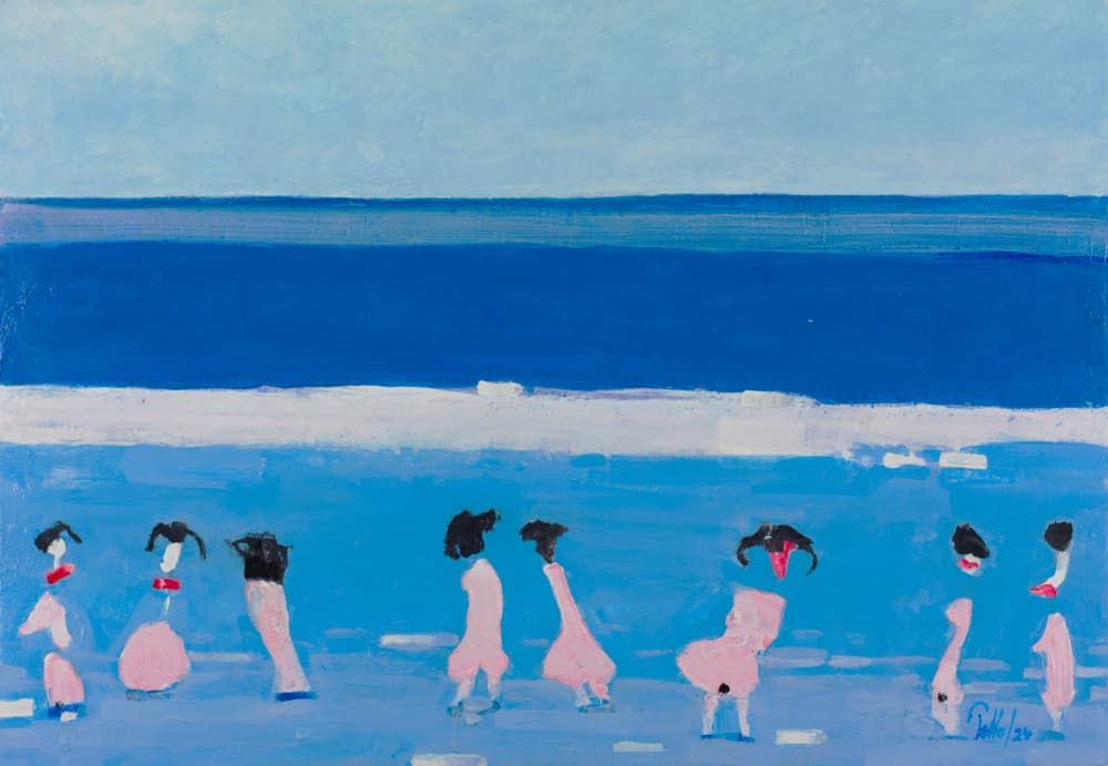 Pink Figures Blue Beach by Mr PETTO — canvas wall art