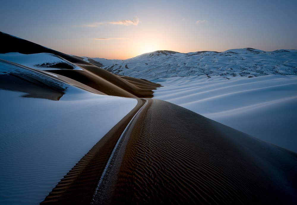 Desert Snow Sunrise by Shanyewuyu — canvas wall art