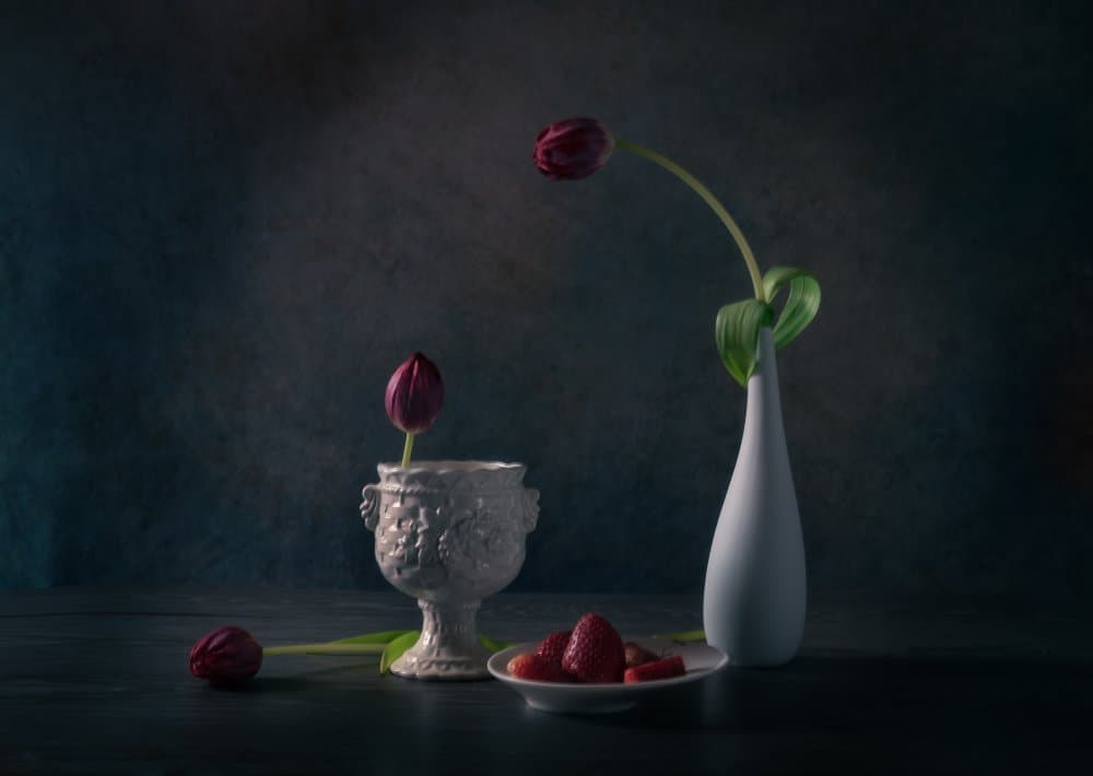 Moody Tulips And Strawberries by Rong Wei — canvas wall art