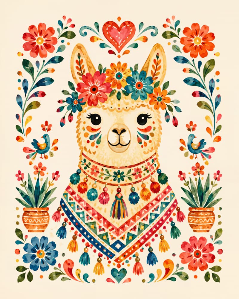 Colorful Llama Folk Art by Natalie Bruns — canvas wall art