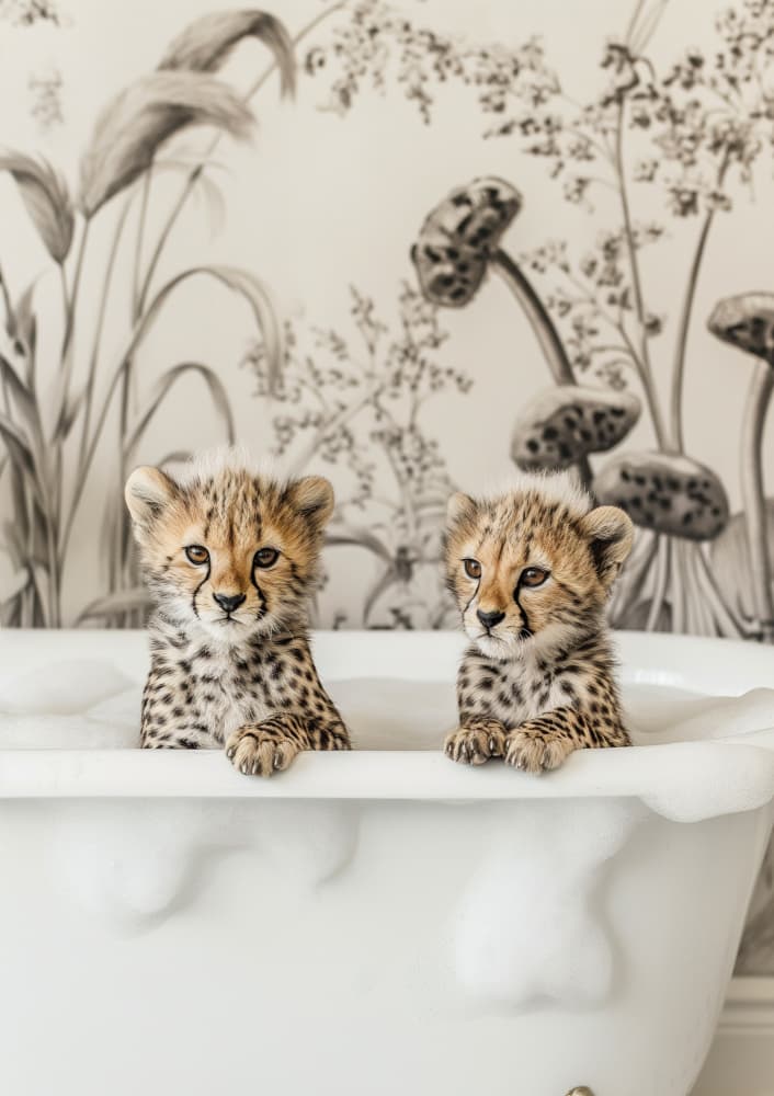 Baby Cheetahs Bathtub by Niky Rahner — canvas wall art