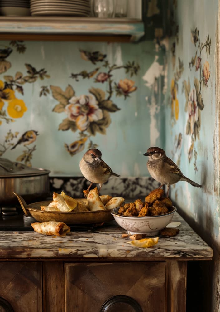 Kitchen Sparrows Feast by Niky Rahner — canvas wall art