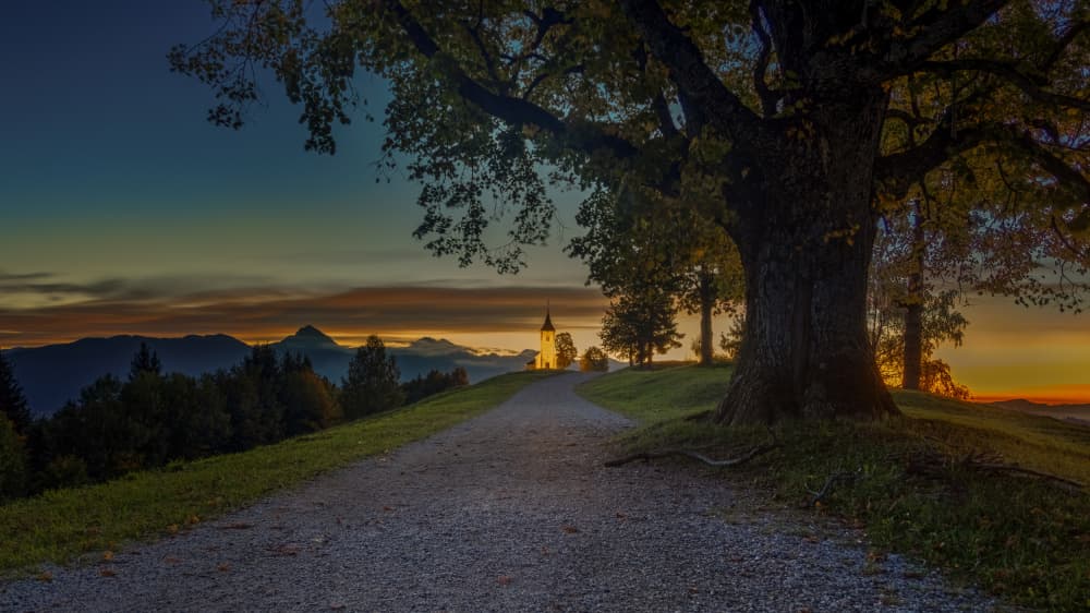 Hilltop Church Sunset Path by Bor — canvas wall art
