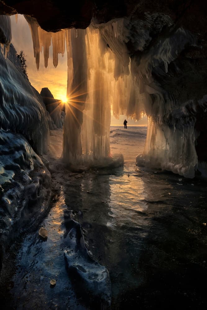 Golden Ice Cave Sunrise by César Vega Toledano — canvas wall art
