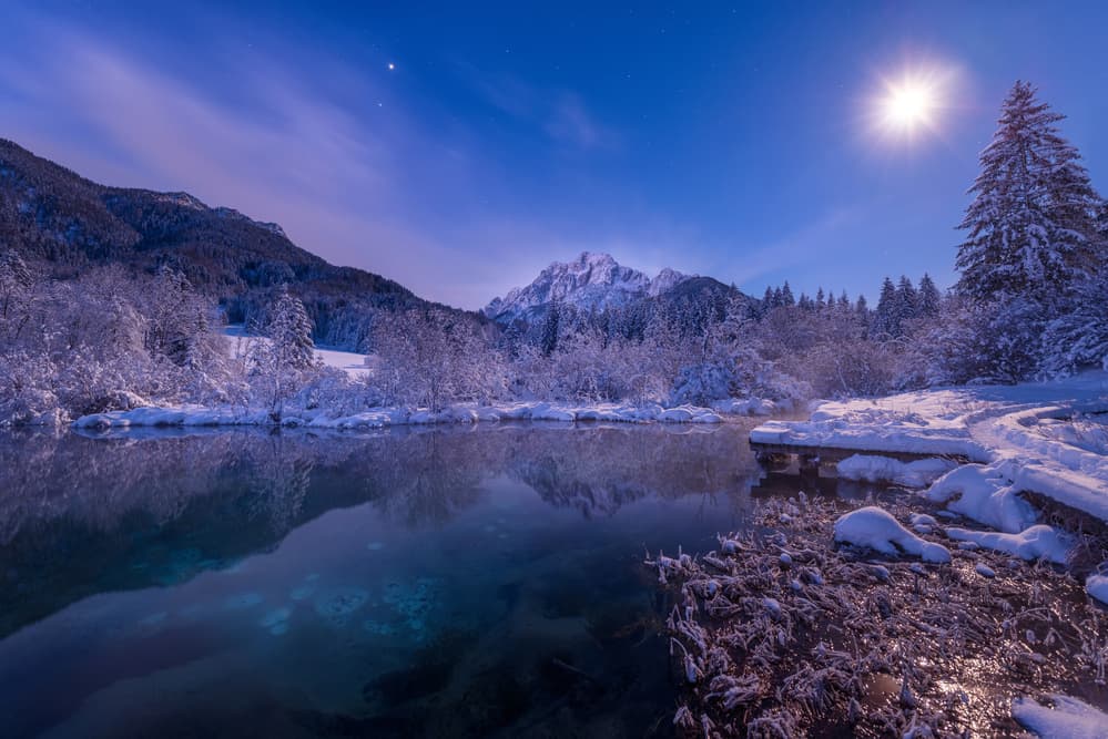 Moonlit Winter Mountain Lake by Ales Krivec — canvas wall art
