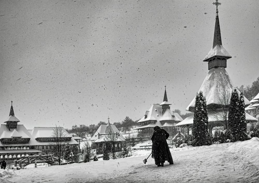 Monk Sweeping Winter Snow by mihai ian nedelcu — canvas wall art