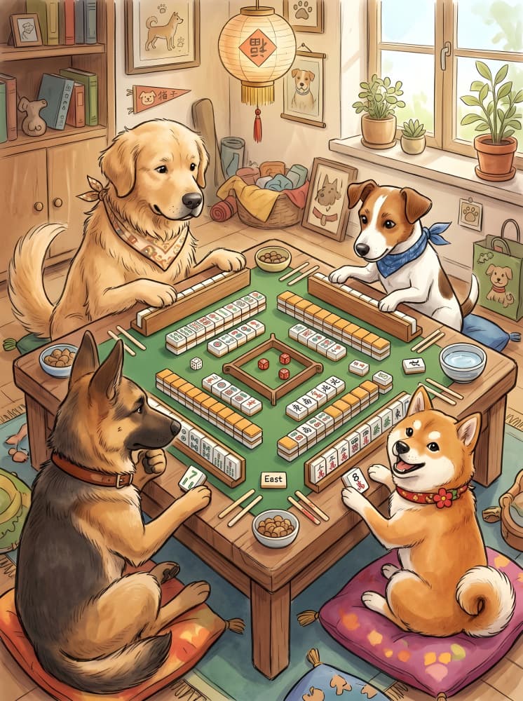 Dogs Play Mahjong by HUGO — canvas wall art
