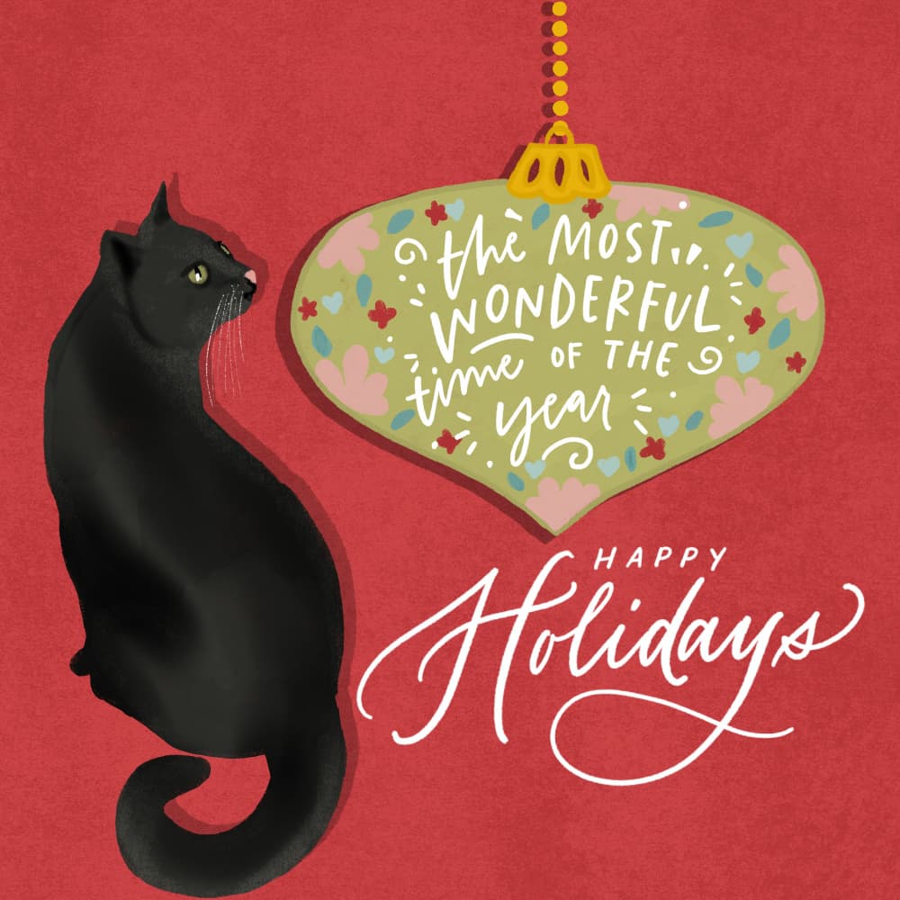 Black Cat Happy Holidays by Saba Rauf — canvas wall art