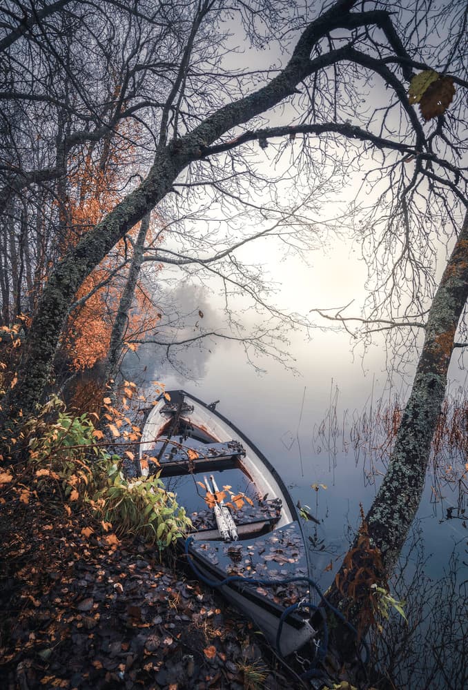 Misty Autumn Rowboat by Mika Suutari — canvas wall art