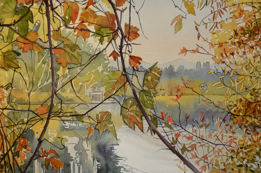 Autumn Leaves Over Water by Luisa Millicent — canvas wall art
