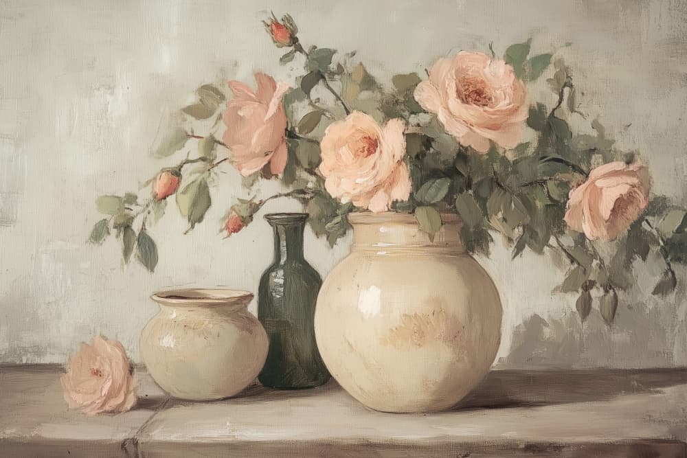 Peach Roses Still Life by Melloi Art Prints — canvas wall art