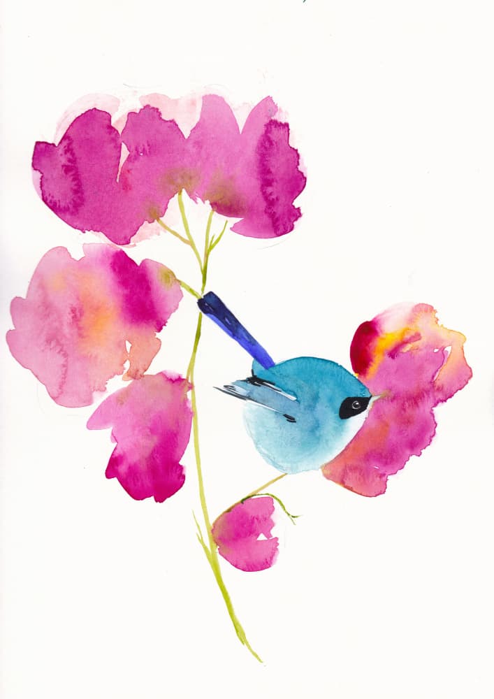 Blue Bird Pink Blossoms by Christine Lindstrom — canvas wall art