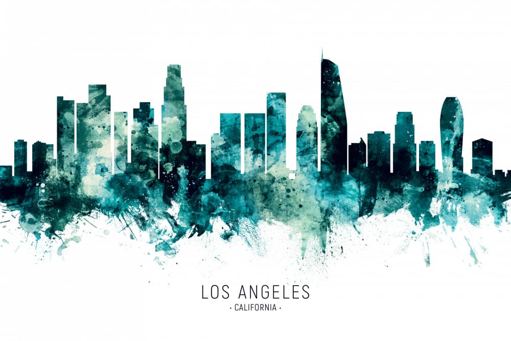 Los Angeles Skyline Watercolor by Michael Tompsett — canvas wall art