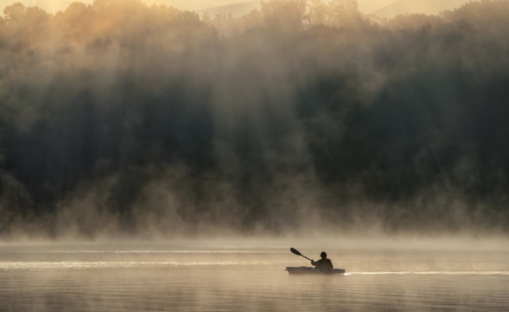 Misty Lake Kayak Morning by Hannah & Wei — canvas wall art