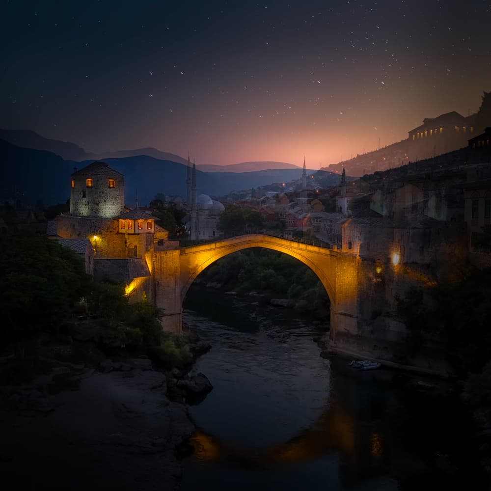 Mostar Bridge Starry Night by Larry Deng APA — canvas wall art