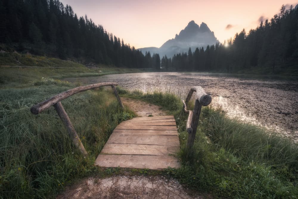 Misty Mountain Lake Path by Andrea Maestosi — canvas wall art