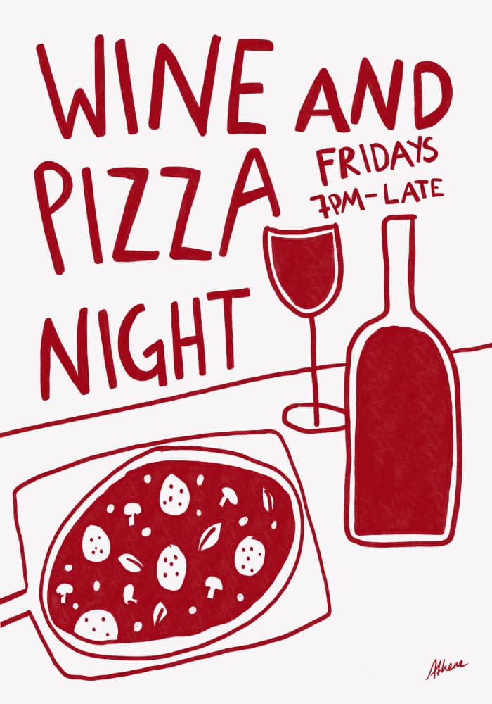 Wine and Pizza by Athene Fritsch — canvas wall art