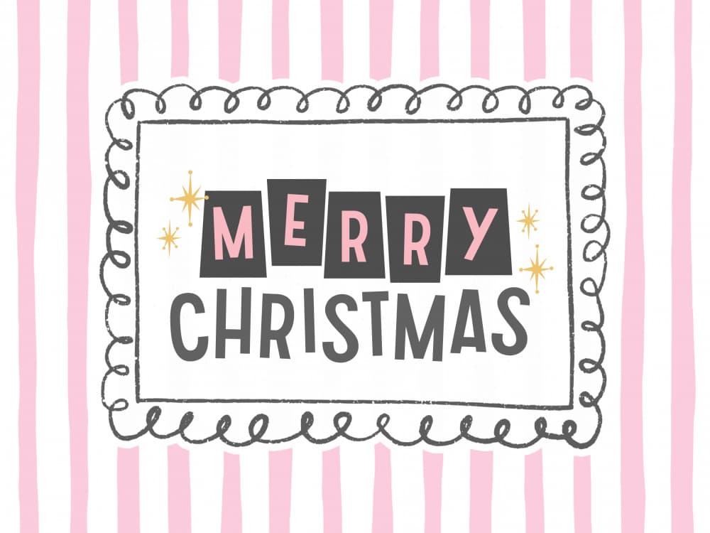 Merry Christmas - Black Text - Curly Frame - Pink Stripes by Jolly and Dash — canvas wall art