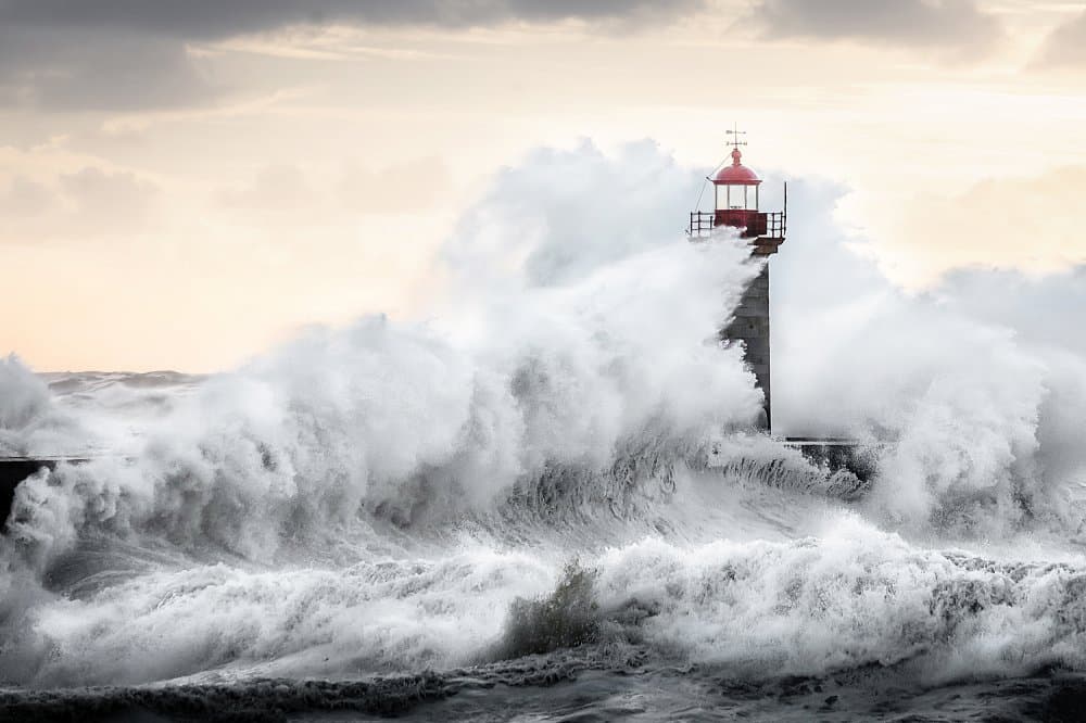 Lighthouse Crashing Waves by Marco Faria — canvas wall art