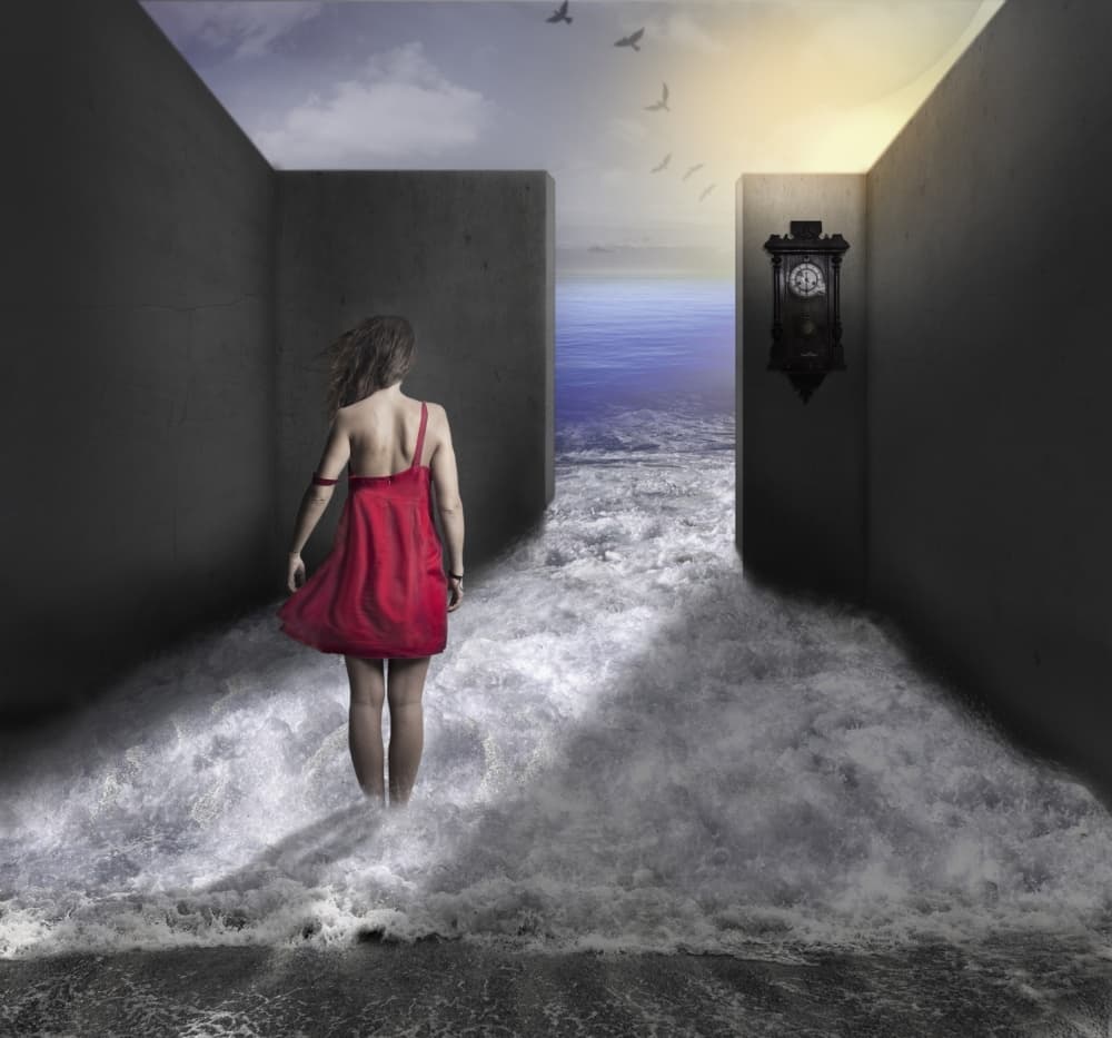Red Dress Water Journey by claudia méndez cordero — canvas wall art