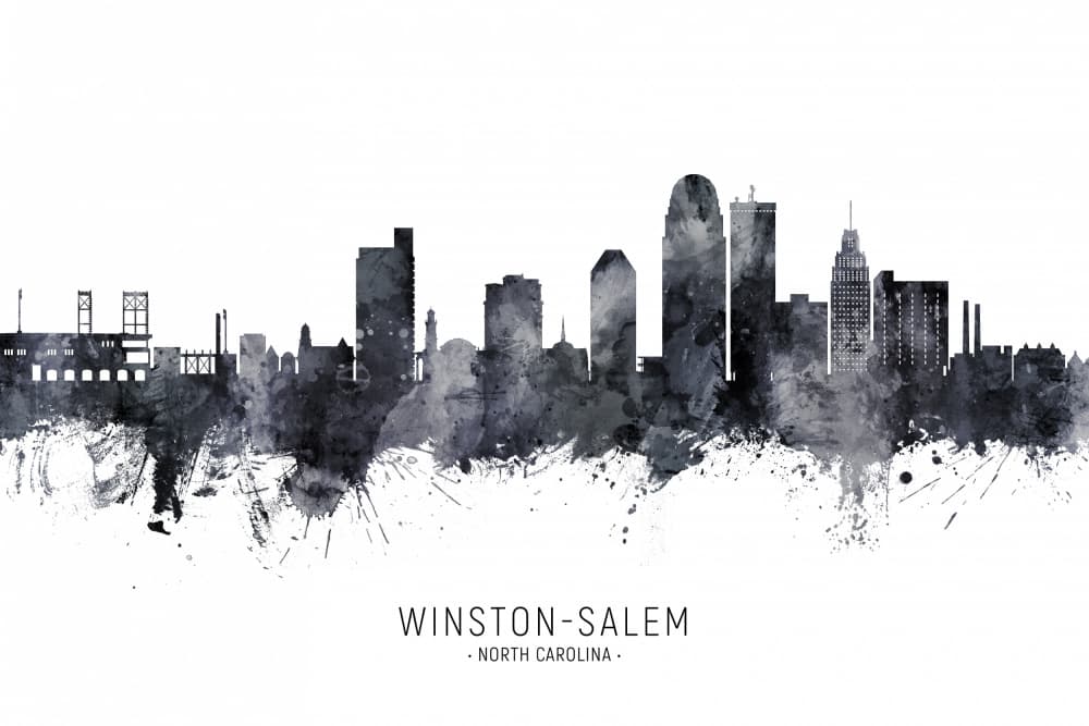 Winston-Salem Skyline Watercolor by Michael Tompsett — canvas wall art