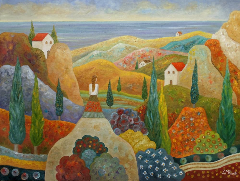 Woman in Mediterranean Landscape by Angeles M. Pomata — canvas wall art