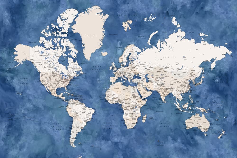 Textured Blue World Map by Rosana Laiz Blursbyai — canvas wall art
