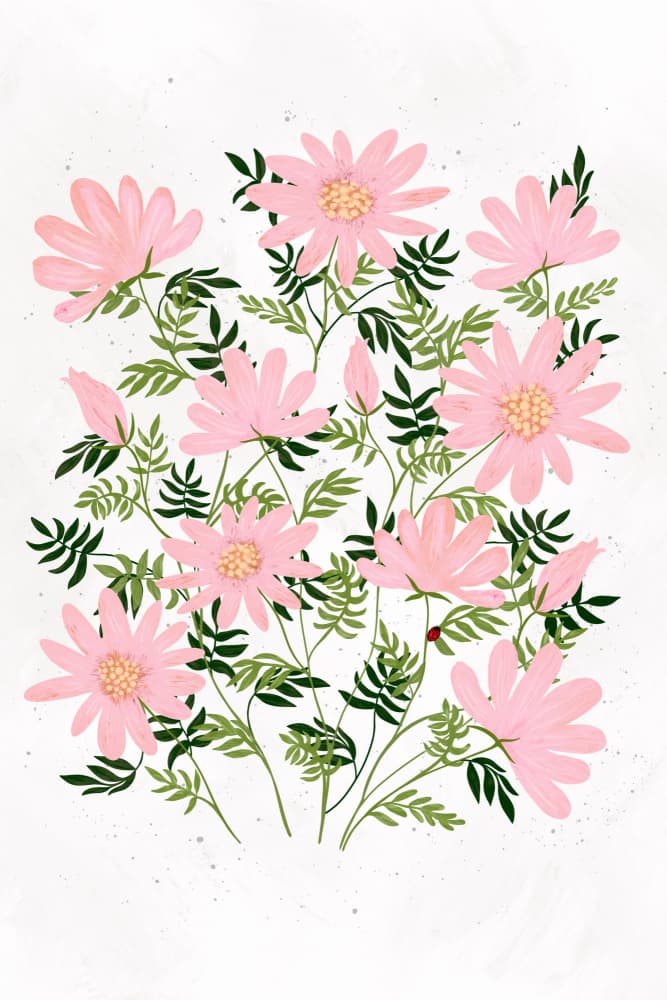 Pink Flowers With Ladybug by EMELIEmaria — canvas wall art