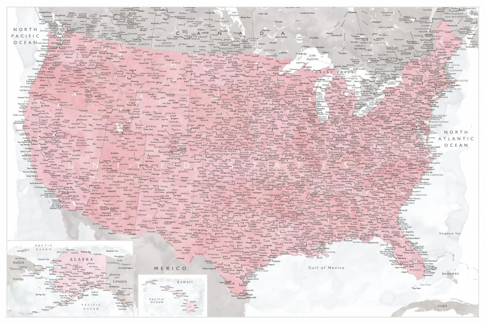Vintage Pink US Map by Rosana Laiz Blursbyai — canvas wall art