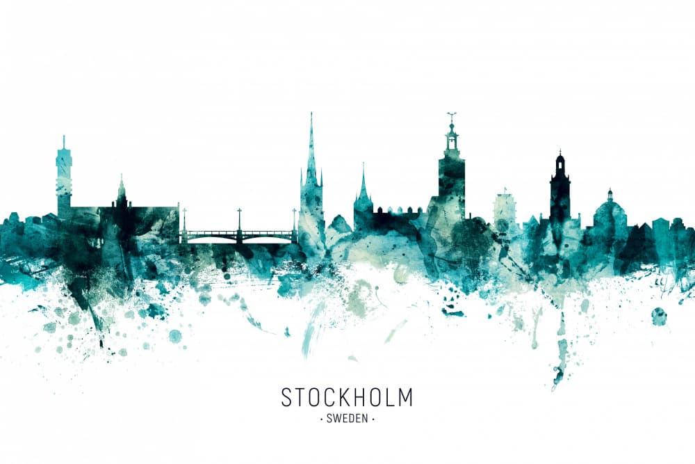 Stockholm Watercolor Skyline by Michael Tompsett — canvas wall art