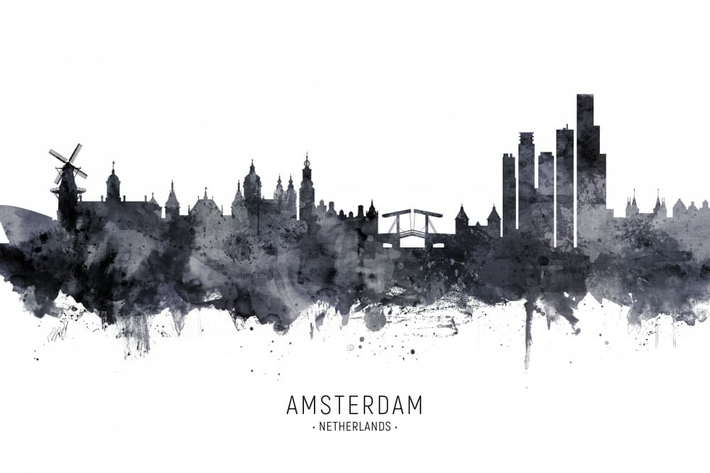 Amsterdam City Skyline Watercolor by Michael Tompsett — canvas wall art