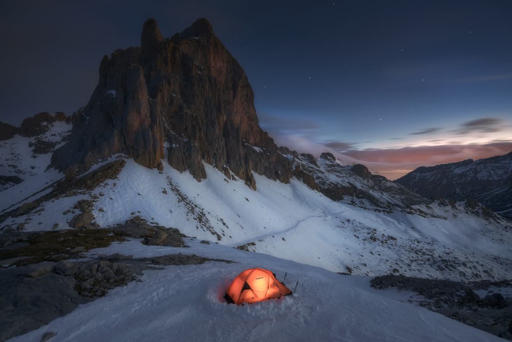 Glowing Tent Snowy Mountain by Cesar Alvarez Osorio — canvas wall art