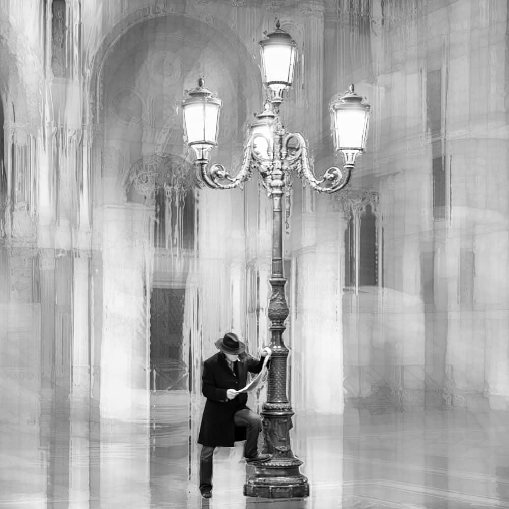 Man by Lamppost by Roswitha Schleicher-Schwarz — canvas wall art