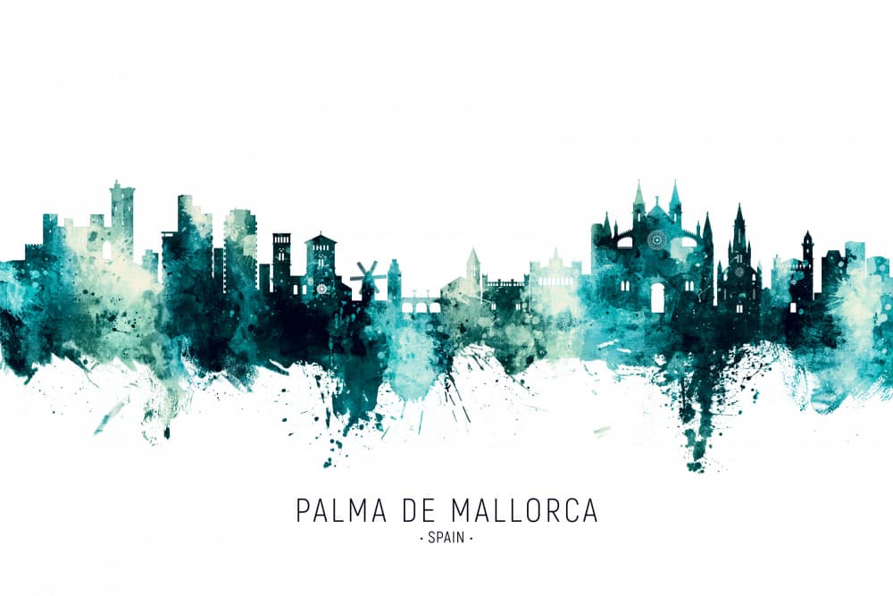 Palma de Mallorca Watercolor Skyline by Michael Tompsett — canvas wall art