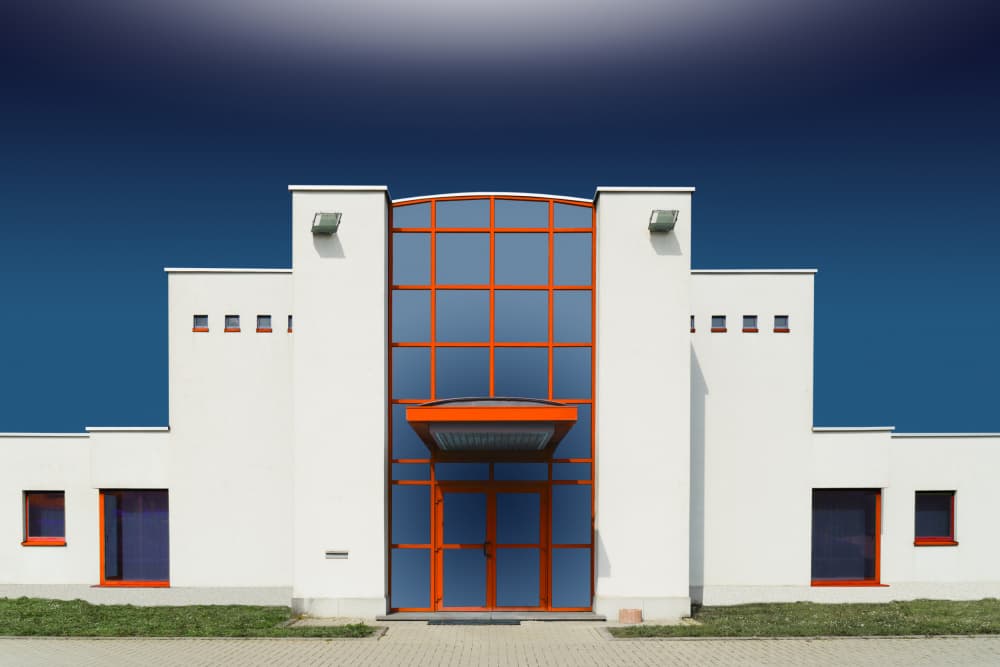 Modern Orange Glass Building by Luc Vangindertael (laGrange) — canvas wall art
