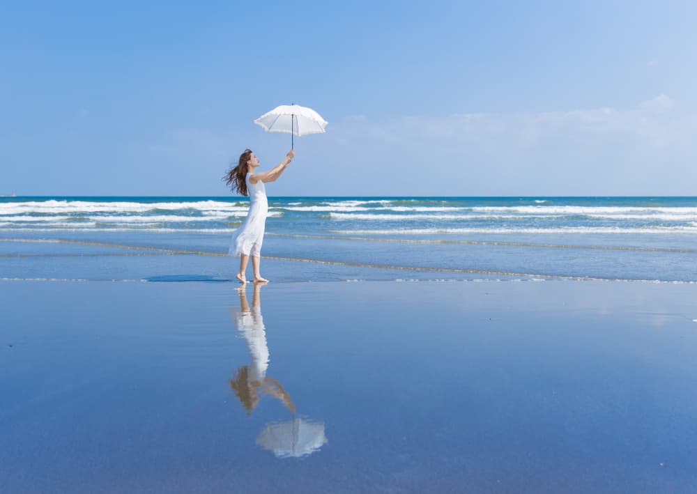 Woman White Umbrella Beach by Tsutomu Sakamoto — canvas wall art