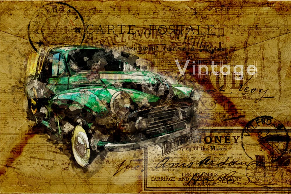 Vintage Car Travel Map by Lembayung senja studio [Vintage Poster] — canvas wall art