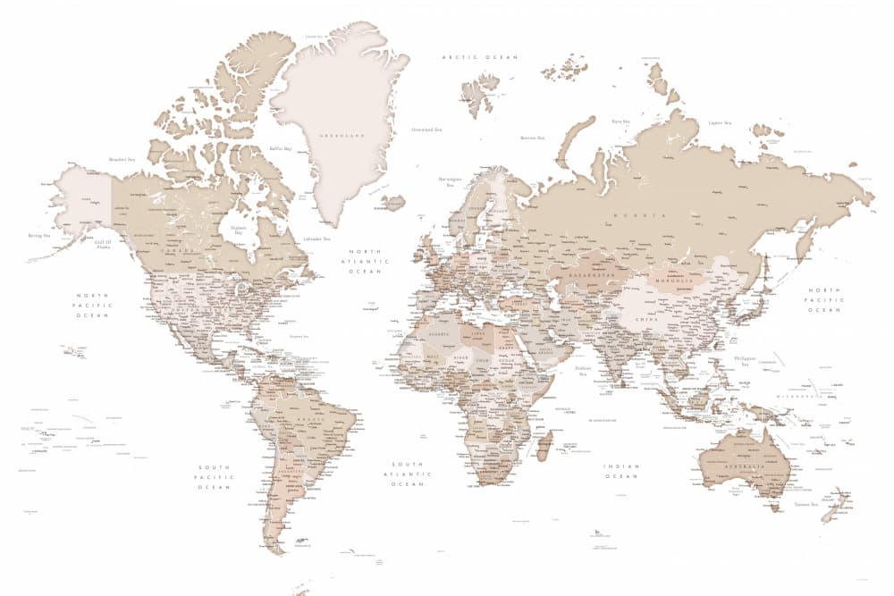 Modern Neutral World Map by Rosana Laiz Blursbyai — canvas wall art