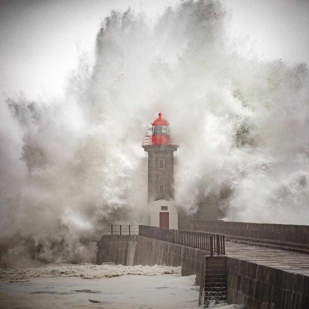 Lighthouse Amidst Crashing Waves by Marco Faria — canvas wall art