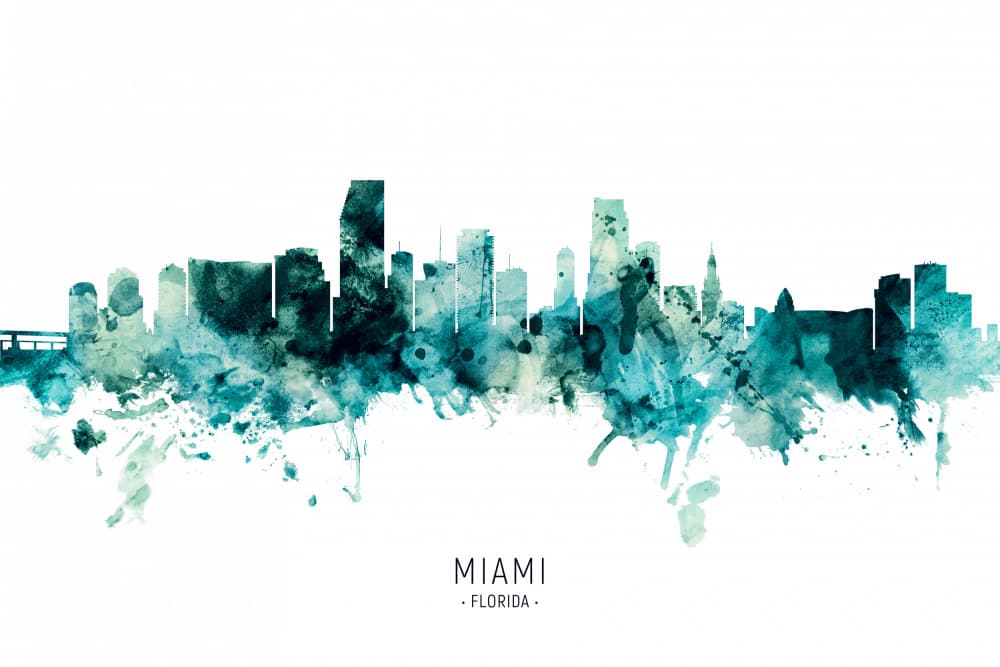 Miami Skyline Watercolor by Michael Tompsett — canvas wall art