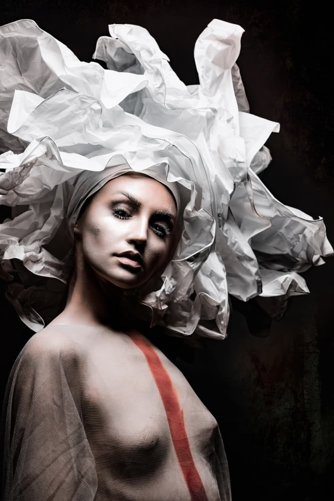 White Headpiece Red Stripe by Klaus Tesching — canvas wall art