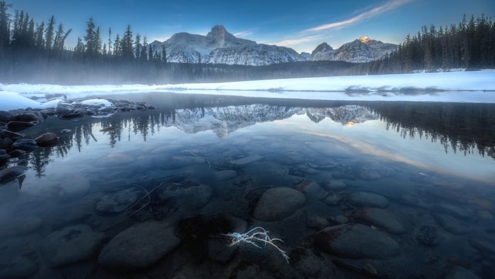 Winter Mountain Lake Reflection by Alex Lu — canvas wall art
