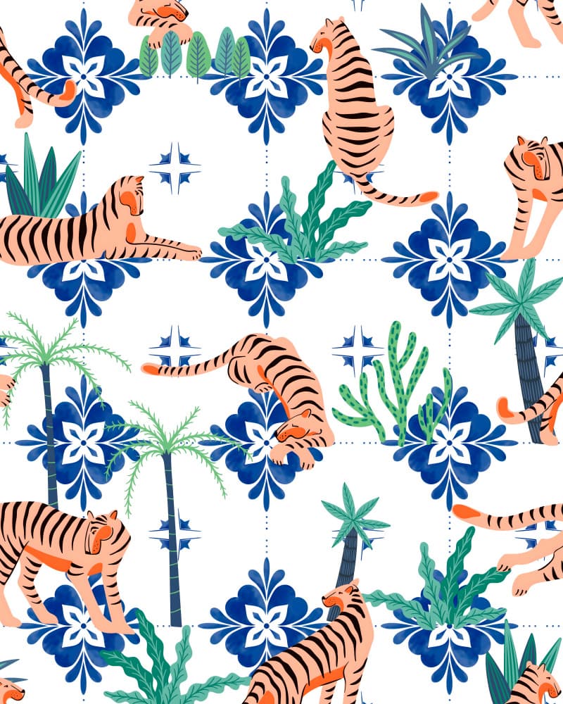 Tropical Tile Tigers by Uma Gokhale — canvas wall art