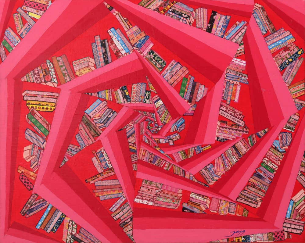 Spiraling Red Books by Jukyong Park — canvas wall art