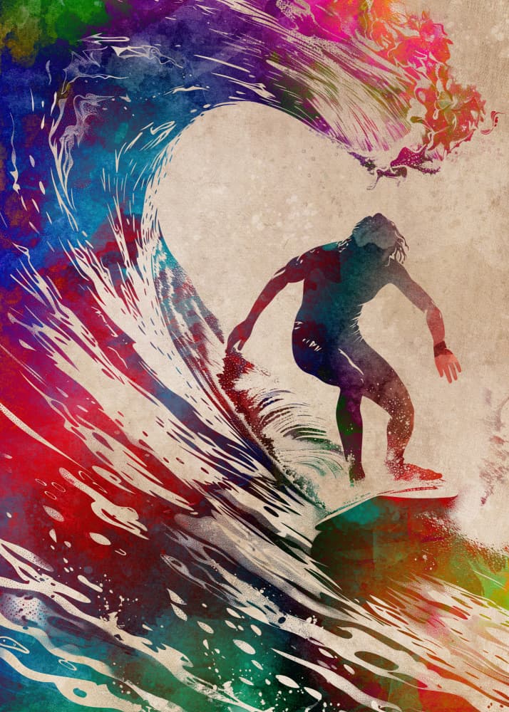 Surfer Riding Colorful Wave by Justyna Jaszke — canvas wall art