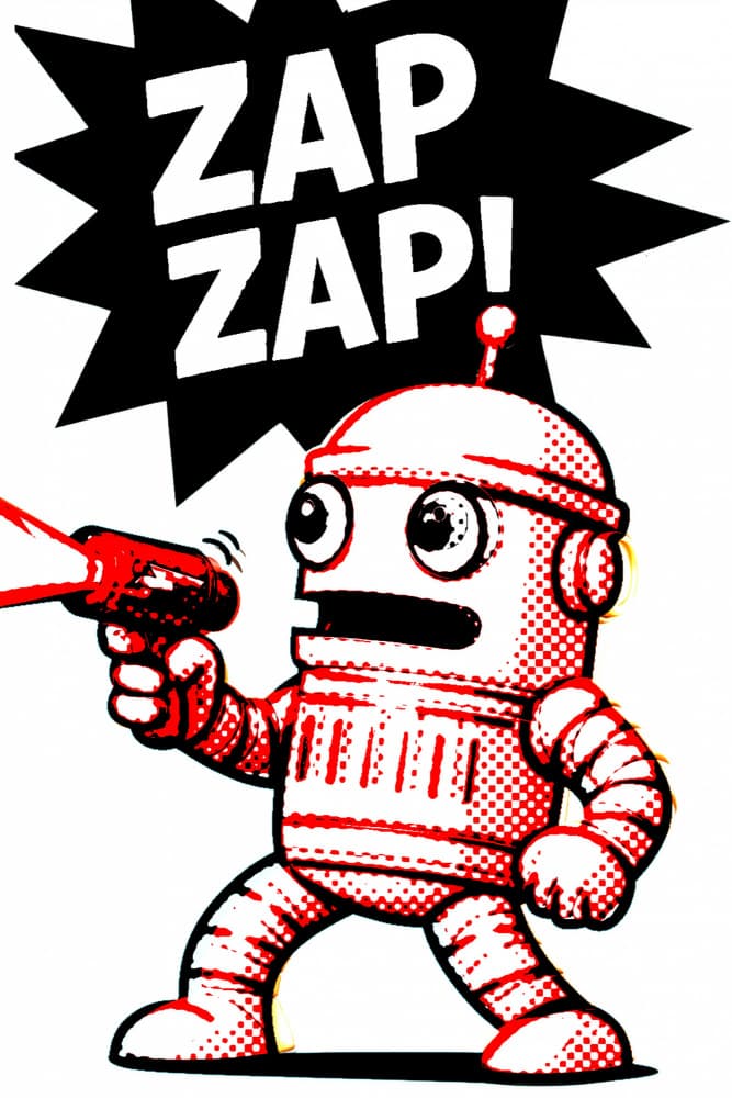 Retro Robot Zap Action by ERM — canvas wall art