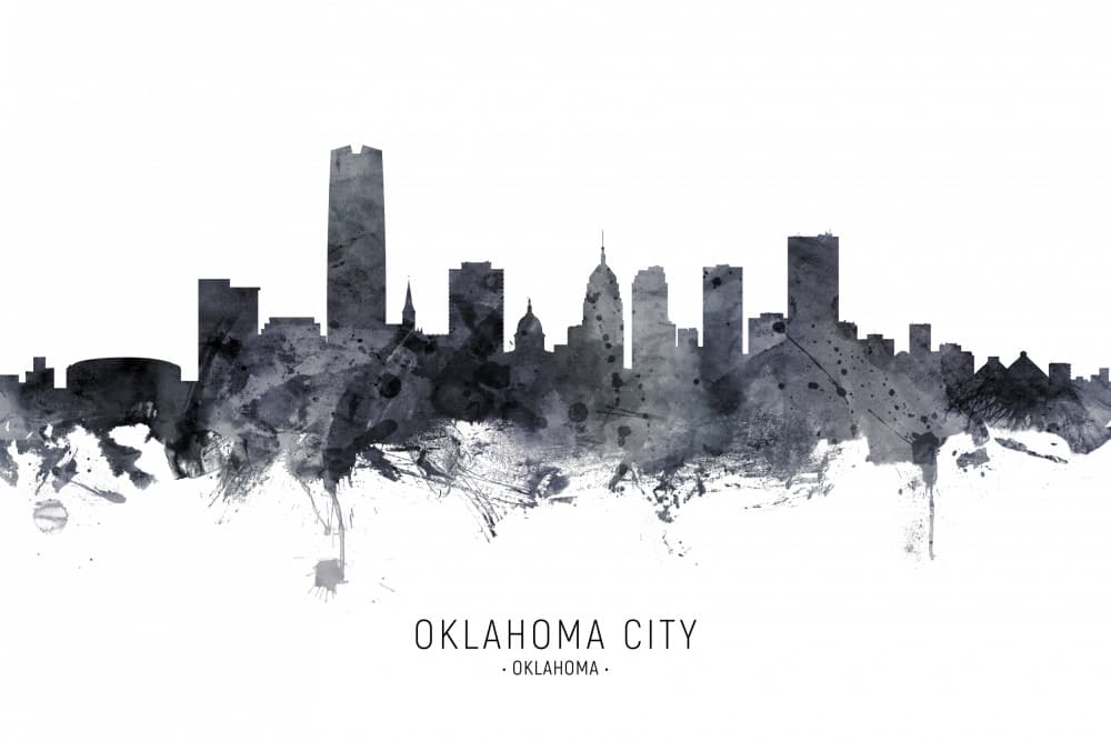 Oklahoma City Skyline Watercolor by Michael Tompsett — canvas wall art