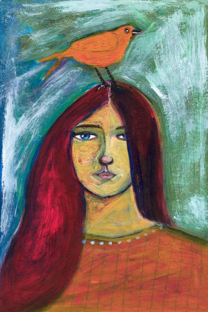 Woman with Orange Bird by Sharyn Bursic — canvas wall art