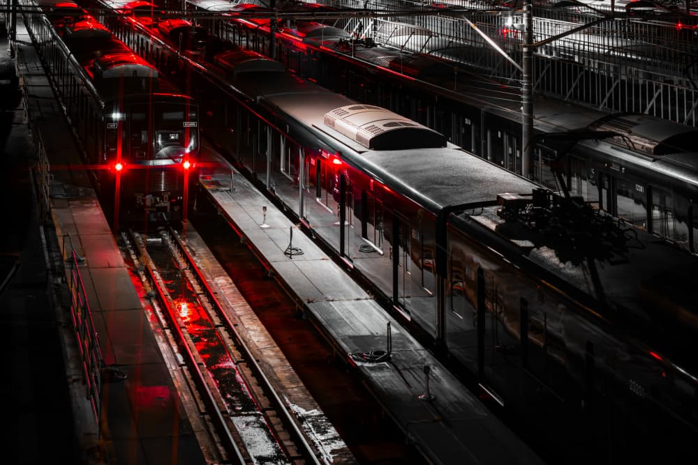 Night Trains Red Glow by Yohei Kawashima — canvas wall art